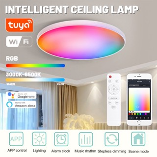  Tuya WIFI สมาร์ทไฟ อัจฉริยะโคมไฟเพดาน36W RGB C W ปรับ colorlight หลอดไฟ APP และรีโมทคอนโทรลด้วยเสียงไฟเพดานสำหรับห้องนั่งเล่นตกแต่งห้องนอน โคมไฟ