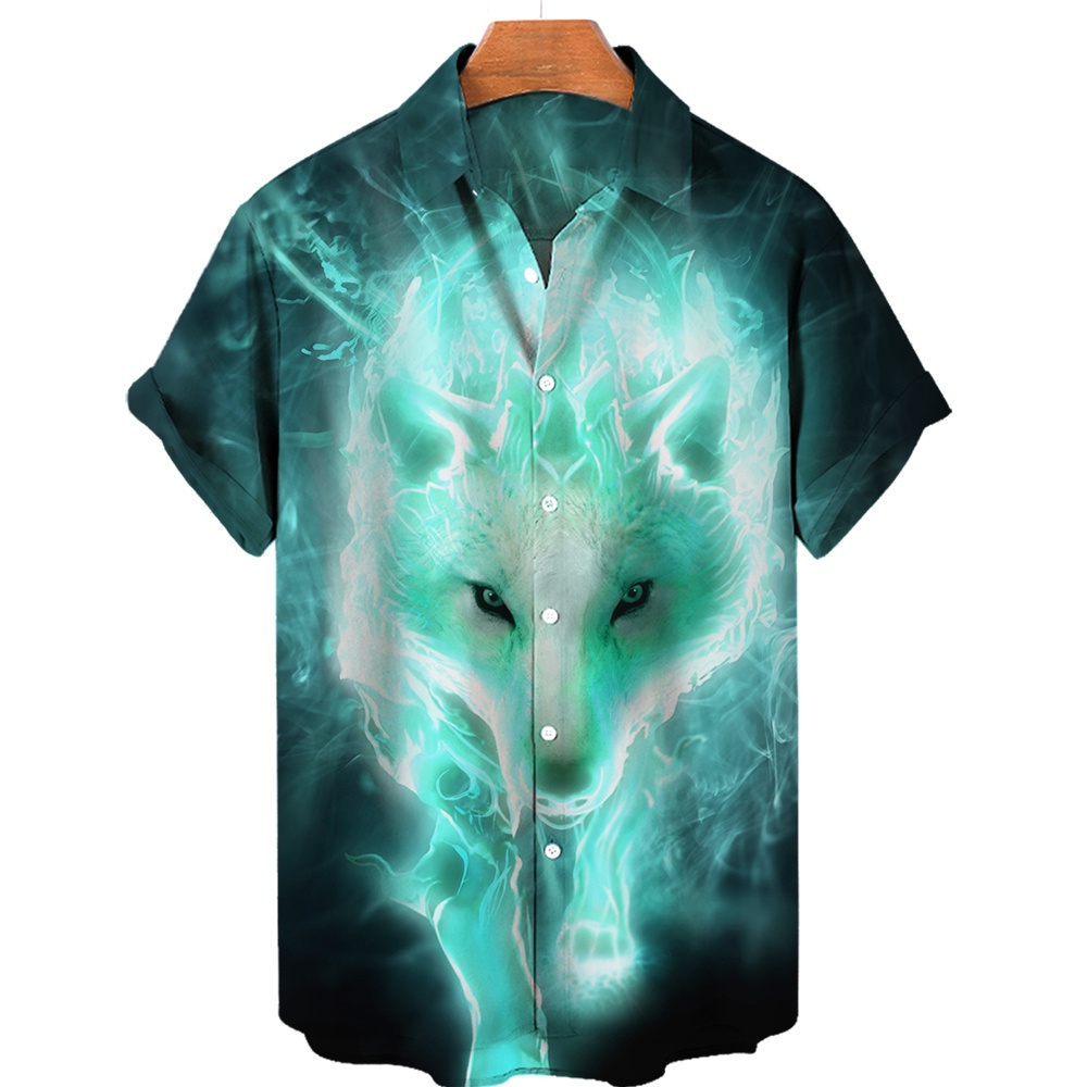 เสื้อเชิ้ตแขนสั้น พิมพ์ลายหมาป่า 3 มิติ สไตล์ฮิปฮอป สตรีท อินเทรนด์สําหรับผู้ชาย 2022
