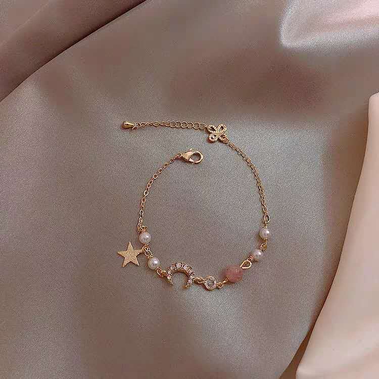 สร้อยข้อมือ ประดับมุก เพทาย ดาว ดวงจันทร์ ดาว ขนาดเล็ก คุณภาพสูง สไตล์เกาหลี สําหรับผู้หญิง