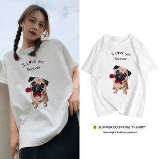 เสื้อยืดคอกลม ผ้าฝ้าย 100% พิมพ์ลายการ์ตูนสุนัขน่ารัก ทรงหลวม คุณภาพสูง แฟชั่นฤดูร้อน สําหรับผู้หญิง