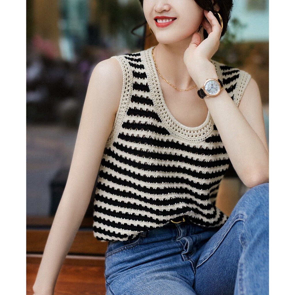 Gakki เสื้อกั๊กแขนกุดแบบกลวงลายทางผู้หญิง เสิ้อกล้ามไหมพรม พร้อมส่ง 1213#