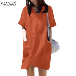 ZANZEA Women Hoilday Short Sleeves V-neck Daily Casual With Pockets Dress