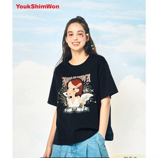 Youk SHIM WON/LU XINYUANS ใหม่ เสื้อยืดผ้าฝ้าย แขนสั้น พิมพ์ลาย แฟชั่นสําหรับผู้หญิง