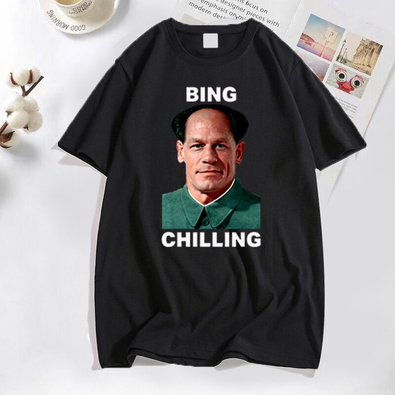 เสื้อยืดผ้าฝ้ายผู้ชาย John Xina Bing Chilling John Cena Vintage T เสื้อผู้ชายผ้าฝ้ายสีดํา Tshirt Mens เสื้อยืดชาย