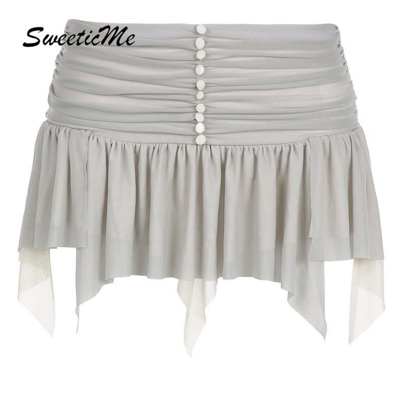 SweeticMe กระโปรงครึ่งตัวผู้หญิงแฟชั่นลําลองใหม่เอวยางยืดสีทึบบาง