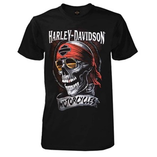 ขายเสื้อยืดแขนสั้น พิมพ์ลายหัวกะโหลก Harley Davidson สีดํา สําหรับผู้ชาย（S-5XL）