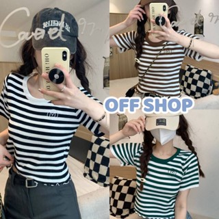 OFF SHOP พร้อมส่ง (OFF-B238)  เสื้อไหมพรมแขนสั้น คอกลม ดีเทลลายทาง ปลายหยัก