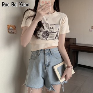 RUO BEI XAUN เสื้อยืดสตรีฤดูร้อนใหม่สไตล์เกาหลีแฟชั่นพิมพ์ลาย Cropped Top