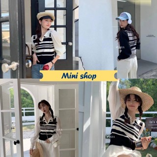 Mini shop🌸พร้อมส่ง🌸 (1688) เสื้อไหมพรมแขนยาว ดีเทลลายทาง แขนผ้าชีฟองน่ารัก