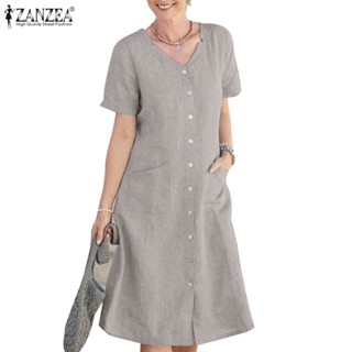 ZANZEA Women Europe Commuting Daily Casual Solid Color V-neck Short Sleeve Dress