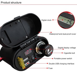 ไฟแช็ค HIFAST ที่ชาร์จมอไซค์ ที่จุดบุหรี่ ไฟแช็ก พอร์ต USB คู่ ที่ชาร์จมอเตอร์ไซค์กันน้ำพร้อมนาฬิกาโวลต์มิเตอร์ 12-24v