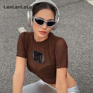 Lanlanlolo เสื้อยืดคอกลม แขนสั้น ผ้าตาข่ายซีทรู สีพื้น สําหรับผู้หญิง 2023