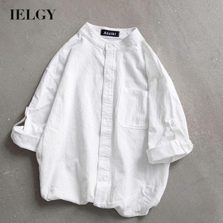 IELGY เสื้อเชิ้ตแขนยาวลําลอง คอปกตั้ง สีดํา และสีขาว สไตล์เกาหลี สําหรับผู้ชาย