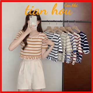 พร้อมส่ง เสื้อยืดแขนสั้น เปิดไหล่ ผ้าเรยอนถัก ลายทาง สไตล์อเมริกันเรโทร แฟชั่นฤดูร้อน สําหรับผู้หญิง TYXV