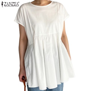 ZANZEA Womens Korean Casual Round Neck Short sleeves Patchwork Back collar Button Blouse