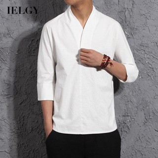 IELGY เสื้อยืดลําลอง ผ้าฝ้าย และผ้าลินิน แขนสั้น คอวี สไตล์เรโทร สําหรับผู้ชาย