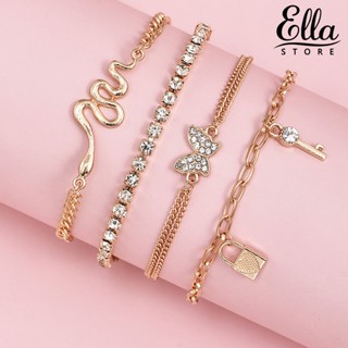 Ellastore123 สร้อยข้อมือโซ่ จี้ผีเสื้อ ประดับพลอยเทียม หลายชั้น 4 ชิ้น ต่อชุด