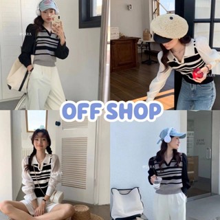 OFF SHOP พร้อมส่ง (OFF-1688) เสื้อไหมพรมแขนยาว ดีเทลลายทาง แขนผ้าชีฟองน่ารัก