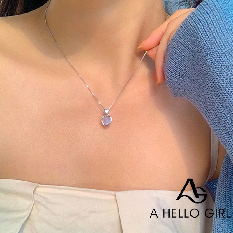 A HELLO GIRL เครื่องประดับ สร้อยคอ สายโซ่ จี้รูปหัวใจ ประดับมูนสโตน สวยหรู สไตล์เกาหลี สําหรับผู้หญิง