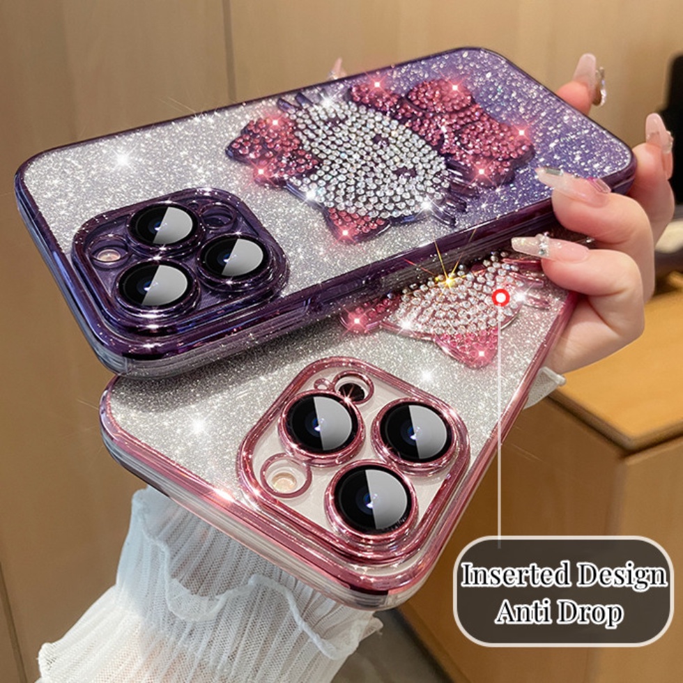 เคสโทรศัพท์มือถือ TPU กันกระแทก ป้องกันเลนส์กล้อง ประดับกลิตเตอร์ ลายเฮลโลคิตตี้ สําหรับ iPhone 15 11 12 13 14 Pro Max X XS Max XR 7 8 14 15 Plus