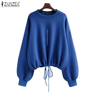 ZANZEA Womens Round Neck Long sleeves Letters Print Drawstring Short Pullover Sweatshirt