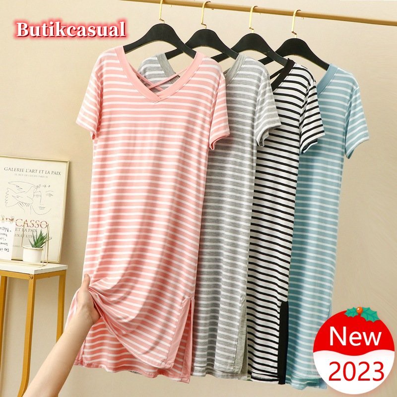 ผู้หญิง Modal Cotton striped dress หลวมธรรมดาชุด Loungewear V คอ 2025 ฤดูร้อน midi ชุด ราคา ถูกที่สุด ดีลบีเคเค