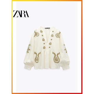 Zara ใหม่ เสื้อเชิ้ต ผ้าฝ้าย ปักลาย สําหรับผู้หญิง 5770024 712