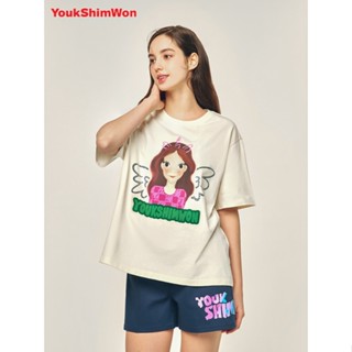 Younk SHIM WON/LU Xinyuan ใหม่ เสื้อยืดแขนครึ่ง ทรงหลวม อเนกประสงค์ แฟชั่นฤดูใบไม้ผลิ และฤดูร้อน สําหรับผู้หญิง