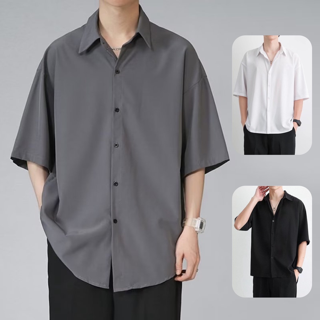 พร้อมส่ง OOTD จัดส่งที่รวดเร็ว ห้าสี M-3XL คอปก ทรงหลวม แต่งกระดุม เรียบง่าย แฟชั่นสําหรับผู้ชาย และผู้หญิง แขนสั้น สไตล์เกาหลีเสื้อ