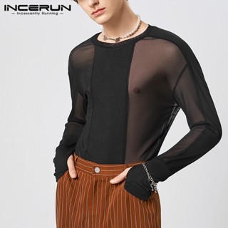 Incerun เสื้อแขนยาว ผ้าตาข่าย แบบยืดหยุ่น รัดรูป