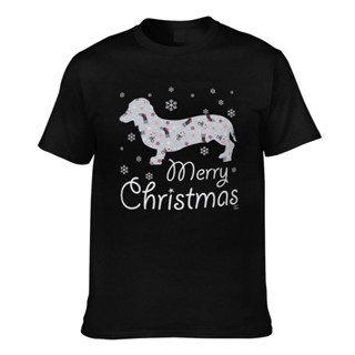 เสื้อยืดแขนสั้นเสื้อยืด ผ้าฝ้าย พิมพ์ลาย Dachshund Silhouette With Merry Christmas สําหรับผู้ชายS-5XL