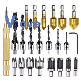 23-Pack Woodworking Chamfer Drilling Tool Set Wood Plug Cutter Three-Pointed Countersink Drill Bit Woodworking Chamfering Device