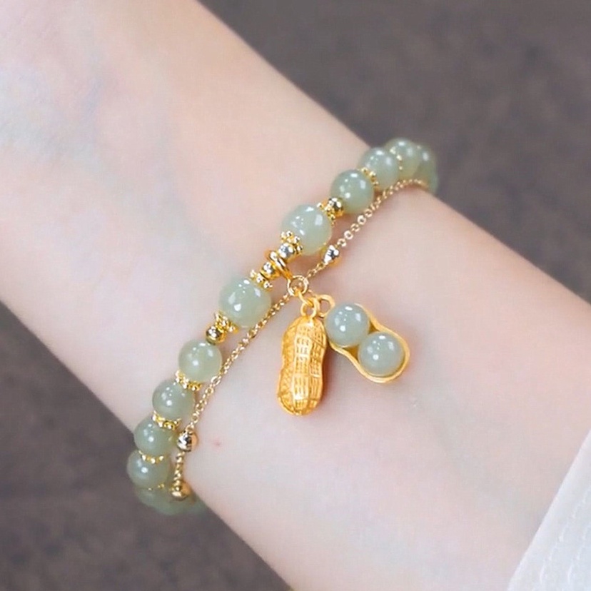 Goodwill สร้อยข้อมือ จี้ถั่วลิสง ประดับลูกปัดหยกเทียม สไตล์จีนย้อนยุค หรูหรา สีทอง สําหรับผู้หญิง