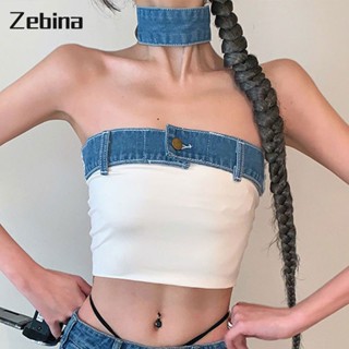 Zebina เสื้อท่อนบนผ้าเดนิมสั้นเย็บสีตัดกันใหม่ของผู้หญิง