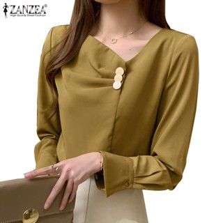 ZANZEA Womens Korean Satin Irregular Diagonal Collar Long Sleeve Decorative Buckle Pleated Blouses