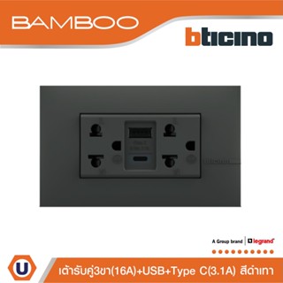 BTicino เต้ารับ USB Type A+C+เต้ารับคู่ 3ขา สีเทาดำDuplex Socket 2P+E+USB Charger Type A+C,2Ports GRAY|Bamboo|AE4185ACGR