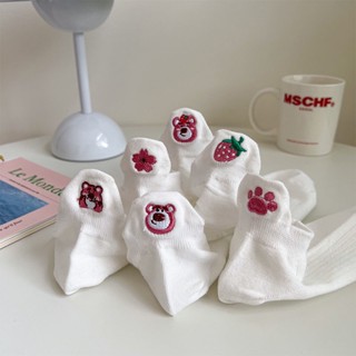 Spring and Summer Females White Socks Cute Strawberry Bear Ins  Korean Version Japanese Boat Socks