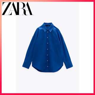 Zara ใหม่ เสื้อเชิ้ตผ้าไหม แขนยาว ทรงหลวม สีน้ําเงินเข้ม สําหรับผู้หญิง