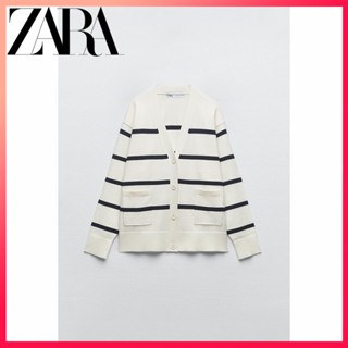 Zara เสื้อแจ็กเก็ตถัก แขนยาว คอวี ลายทาง แฟชั่นฤดูใบไม้ผลิ สําหรับผู้หญิง