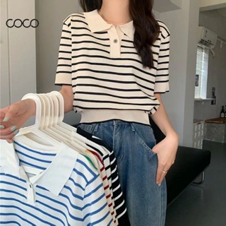 Coco~เสื้อยืด เสื้อยืดถักบาง เสื้อยืดลาย เสื้อแขนสั้น เสื้อยืดสไตล์นักเรียน ตัวเลือกหลายสี
