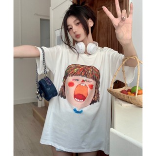 เสื้อยืดแขนสั้น พิมพ์ลายการ์ตูน ทรงหลวม แฟชั่นฤดูร้อน สําหรับผู้หญิง