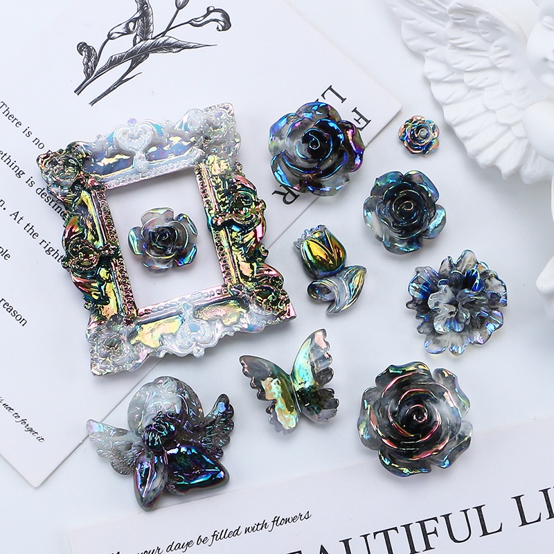 อุปกรณ์เรซิน ทําเอง ดอกไม้สีดําที่มีสีสันสไตล์คลาสสิก ทําเอง ครีมกาวเคสโทรศัพท์อุปกรณ์ตกแต่งวัสดุทําด้วยมือ ทําเอง