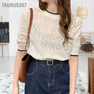 Taurus307 เสื้อเบลาส์ถัก แขนสั้น ลายหัวใจ สีพื้น แบบสวมหัว แฟชั่นฤดูร้อน สําหรับผู้หญิง