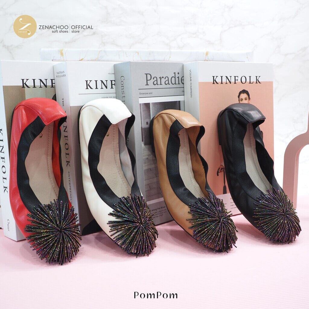ทรงปกติ สินค้าลดราคา ไม่รับเปลี่ยน-คืน ทุกกรณึ นิ่มมากจนต้องร้องว้าว Zenachoo รุ่น PomPom สูง 1นิ้ว รองเท้าหนังแกะแท้...