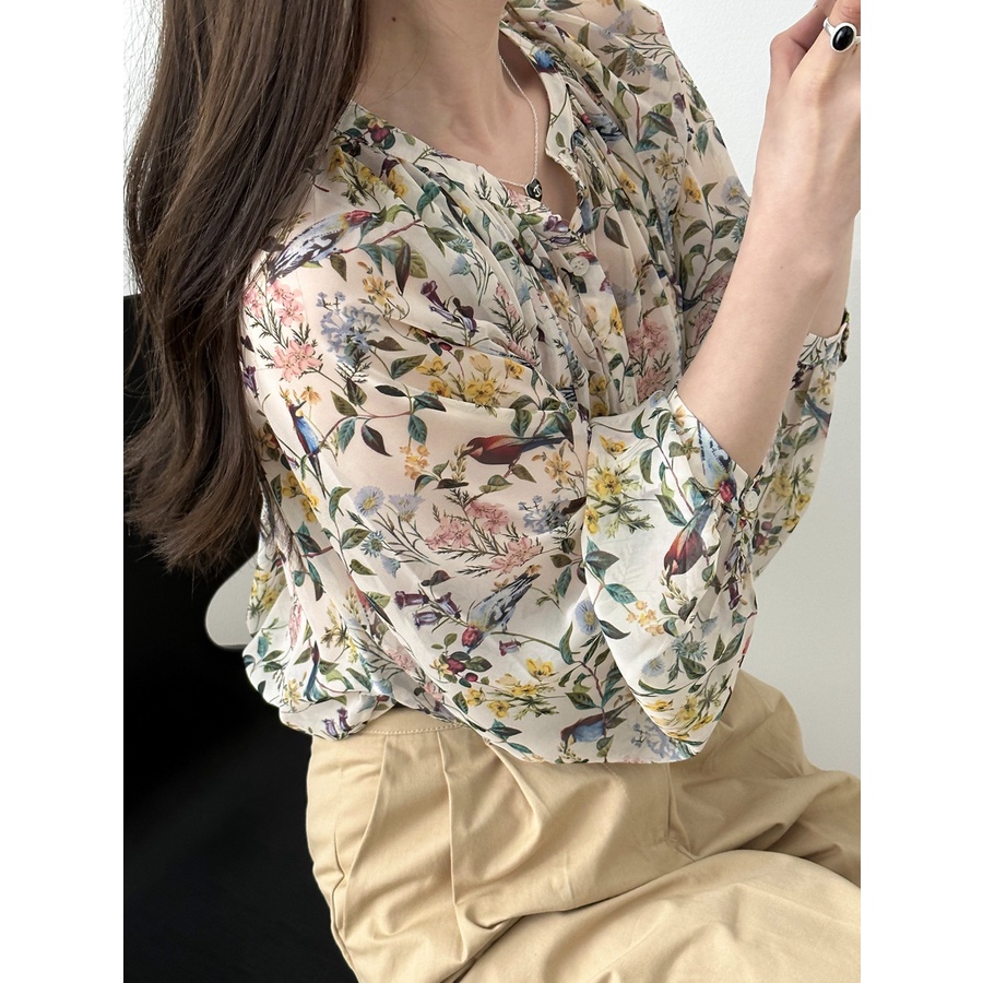 เสื้อแขนยาว ผ้าชีฟอง ลายดอกไม้ ทรงหลวม สไตล์เกาหลี สําหรับผู้หญิง - รูปที่ 3