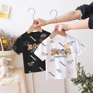 พร้อมส่ง เสื้อยืดแขนสั้นลําลอง คอกลม ผ้าฝ้ายแท้ ดูดซับเหงื่อ ระบายอากาศได้ดี พิมพ์ลายการ์ตูน สไตล์เกาหลี สําหรับเด็กผู้ชาย และเด็กผู้หญิง