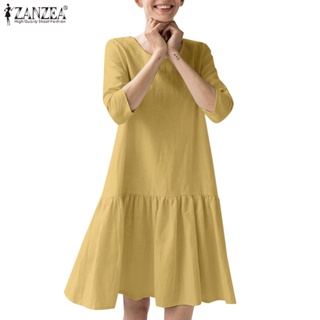 ZANZEA Women Europe Commuting Daily Casual Solid Color 3/4Sleeves Ruffles Hem Dress