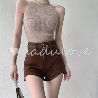 DaDulove💕 2023 New Korean Version of INS Brown Denim Shorts High Waist A- line Pants Thin Wide Leg Hot Pants