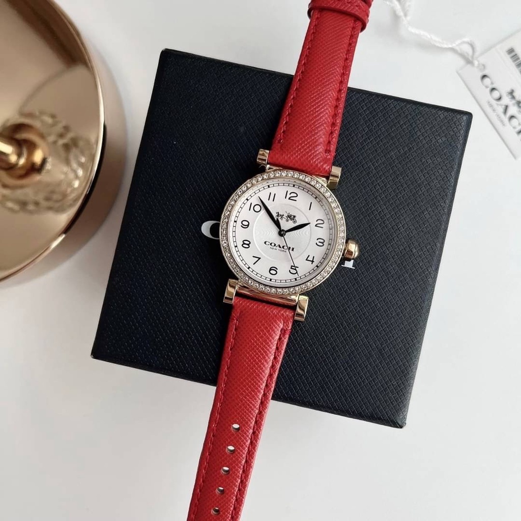 📌แท้ 100%📌  Coach Women's Madison Gold-tone Red Leather Strap Glitz Watch 14502400