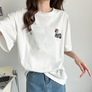 เสื้อยืดคอกลม ผ้าฝ้าย 100% พิมพ์ลายการ์ตูนสุนัขน่ารัก ทรงหลวม คุณภาพสูง สีพื้น แฟชั่นสําหรับผู้หญิง